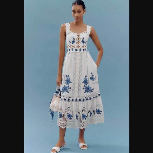 FARM Rio Dresses & Skirts - New L Farm Rio x Anthropologie cross-stitch Richelieu linen-blend dress white